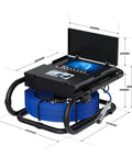 Real Deal Professional 7 Inch Drain Inspection Camera With Dvr Video And Keypad, 20 Meter Glass Fiber Shaft, Digital Distance Meter, 16Gb Memory Card, Kick Butt Borescope For Plumbing Crews on display with dimensions.