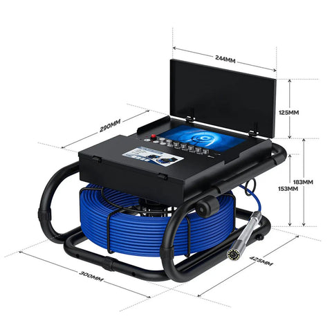 Real Deal Professional 7 Inch Drain Inspection Camera With Dvr Video And Keypad, 20 Meter Glass Fiber Shaft, Digital Distance Meter, 16Gb Memory Card, Kick Butt Borescope For Plumbing Crews on display with dimensions.