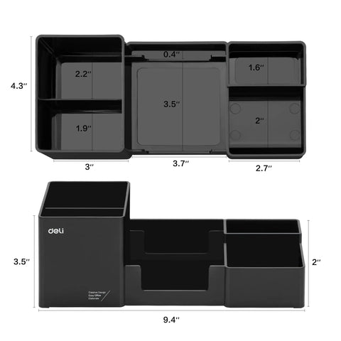 Desk Organizer With Pencil Holder And Sticky Note Tray Plastic Desktop Caddy For Office Supplies Six Compartments Black Finish Keeps Pens Pencils Clips Notes And Tools Neat On Your Desk, dimensions labeled