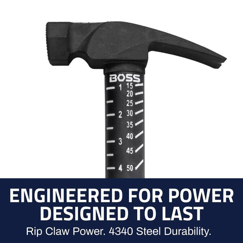 Close-up of 18 Oz Premium 4340 Steel Rip Claw Hammer with Shock Absorbing Poly Fiberglass Handle focusing on claw and measurements.