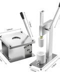 Baozi Maker Semi Automatic Bun Press With Steel Body showing dimensions and components, two vertical levers and molds visible