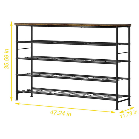 Heavy Duty Five Tier Shoe Rack Organizer With Thick Wooden Shelves And Steel Frame For Closet And Entryway Clutter Busting Storage Holds Up To Thirty Pairs In Top Notch Style, showing dimensions 47.24 W x 35.59 H x 11.73 D in a black finish.