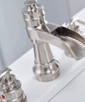Matte Black Widespread Bathroom Faucet 8 Inch Centers With 2 Handles Waterfall Flow 3 Hole Farmhouse Vanity Sink Faucet Pop Up Drain Assembly For Easy Install And Supply Lines Included Commercial Mixer Faucet close-up