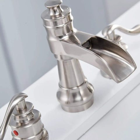 Matte Black Widespread Bathroom Faucet 8 Inch Centers With 2 Handles Waterfall Flow 3 Hole Farmhouse Vanity Sink Faucet Pop Up Drain Assembly For Easy Install And Supply Lines Included Commercial Mixer Faucet close-up