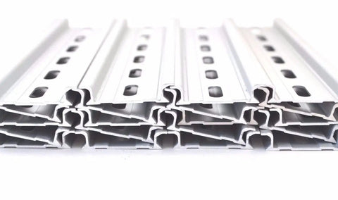 Rugged Aluminum DIN Rail Slotted RoHS Compliant, 20 Pieces, 6 Inch Long, 35mm Wide, 7.5mm High, Heavy Duty Mounting Rails stacked view