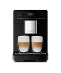 Kick Back And Sip Perfection With This Ultra Quiet Fully Automatic Bean To Cup Coffee And Espresso Machine Featuring A Silent Steel Grinder And Hassle Free One Touch Milk Frother For Serious Barista Level Coffee At Home, showcasing two cappuccinos.