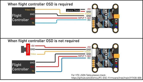 Wiring diagram for 40CH FPV Video Transmitter VTX30-800 With PitMode Adjustable Power 25mW To 800mW 2 To 6S Ready 30x30mm Mount