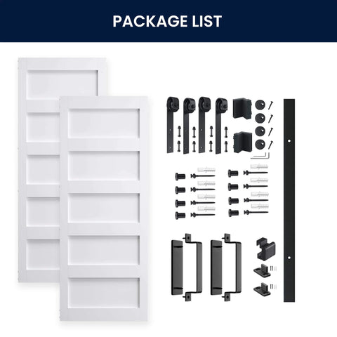 Double 32x84 White Barn Door With 11ft Sliding Door Hardware Kit, 5 Panel MDF Slab laid out with all parts included