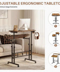 Mobile Split-Top Sit Stand Desk With Nifty Cup Holder, Smooth-As-Butter Manual Height Adjustment Knobs, Ergonomic Workstation For Killer Posture, Easy Transition Between Sitting And Standing Zero Hassle Setup For Home Office with adjustable tabletop.