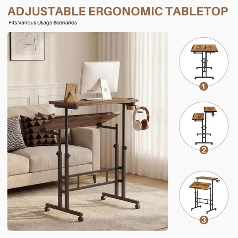 Mobile Split-Top Sit Stand Desk With Nifty Cup Holder, Smooth-As-Butter Manual Height Adjustment Knobs, Ergonomic Workstation For Killer Posture, Easy Transition Between Sitting And Standing Zero Hassle Setup For Home Office with adjustable tabletop.
