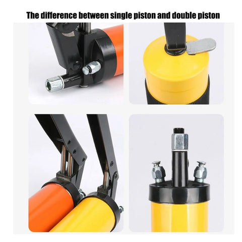 Close-up of dual piston system of Beefed-Up Manual Oiling Gun With Pistol Grip 10,000 PSI High Pressure Grease Gun 600cc Capacity