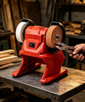 Badass Performance Compact 21V Cordless Bench Grinder With Coarse Plus Fine Dual Wheels for rapid grinding in a workshop setting.