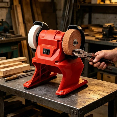 Badass Performance Compact 21V Cordless Bench Grinder With Coarse Plus Fine Dual Wheels for rapid grinding in a workshop setting.