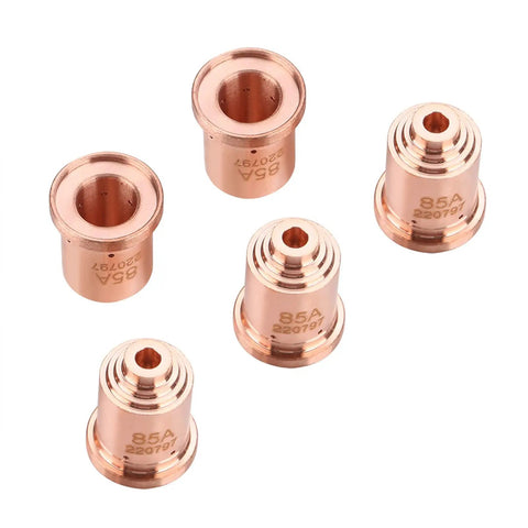 Top Tier 5-Pack Copper Nozzle Tips For 85A Plasma Cutter Torch, durable copper nozzles for efficient cutting.