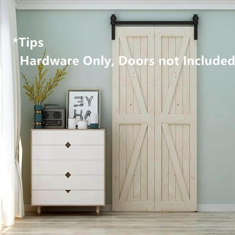 Bi Folding Sliding Barn Door Hardware Kit For Double 16 Inch Bifold Doors with matte black rollers and wall mount.