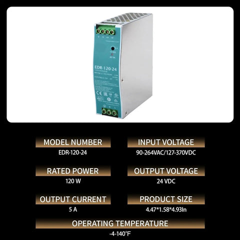 120W 24V Power Supply Built For Industrial Control Cabinets UL 508 Certified With Built In Short Circuit Protection Overload Overvoltage And Overtemperature For Reliable Automation Gear And Semiconductor Systems, 4.47x1.58x4.93 in