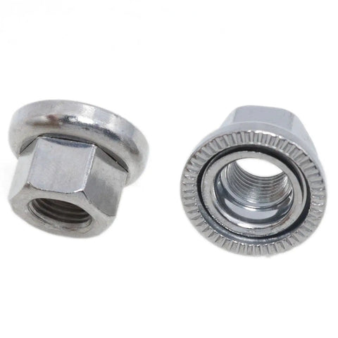 Close-up of Silver Three Eighths Inch 26 TPI Bicycle Axle Nut Set Four Pack For Bike Hub And Wheel Axle Hardware