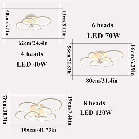 Dimmable LED Ring Ceiling Light With Acrylic Lampshade, 4, 6, 8 rings, 40W to 120W, size variations, soft ambient lighting