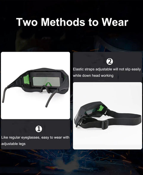 Solar Powered Auto Darkening Welding Glasses With Wide Shade For Tight Spaces Lightweight Safety Goggles display methods to wear
