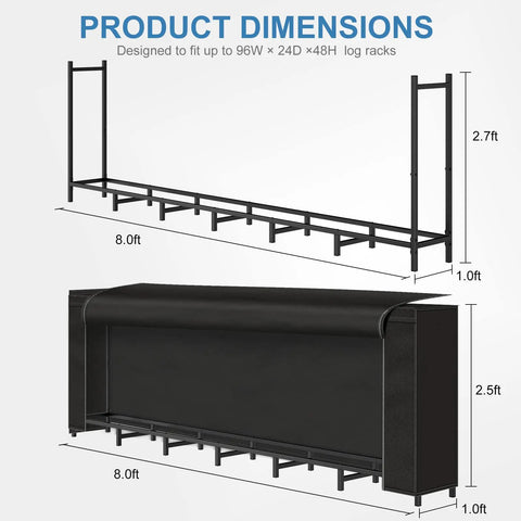 Diagram showing dimensions of 8Ft Firewood Rack With Cover For Outdoor Wood Storage Heavy Duty Beefy Steel Construction Weather Resistant