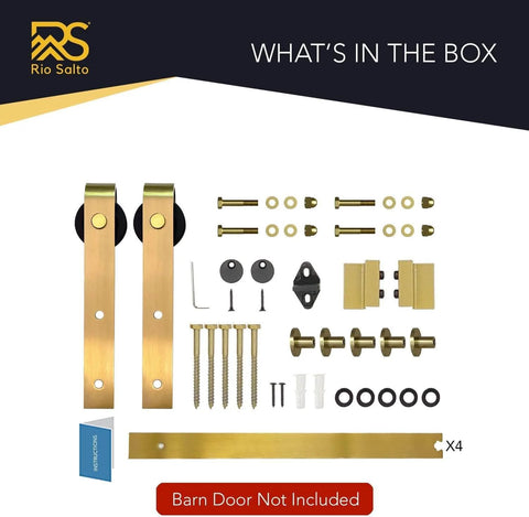 Gold Sliding Barn Door Hardware Kit With 72 Inch Track, Brushed Brass Finish, aluminum rail components and mounting hardware.