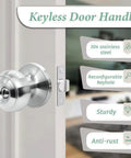 Stainless Steel Ball Door Knob With Keyed Lock Satin Nickel No Fuss Install Entry Door Handle Set For Exterior And Interior Doors Privacy Lock Security For Bedroom Or Bathroom 5 Pack, showing features like 304 stainless steel material, reconfigurable keyhole, sturdy construction, and anti-rust design