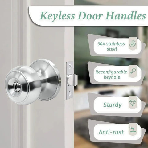 Stainless Steel Ball Door Knob With Keyed Lock Satin Nickel No Fuss Install Entry Door Handle Set For Exterior And Interior Doors Privacy Lock Security For Bedroom Or Bathroom 5 Pack, showing features like 304 stainless steel material, reconfigurable keyhole, sturdy construction, and anti-rust design