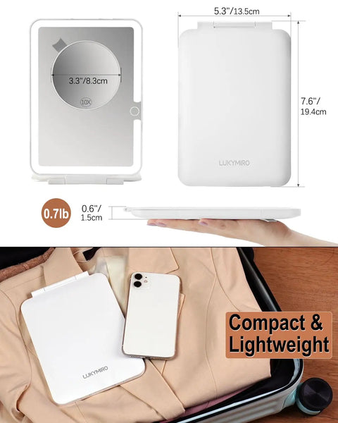 Rechargeable Travel Makeup Mirror With Light 7x5 Inch Portable Lighted Vanity Mirror 10X Magnifying LED on suitcase and hand