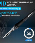 DS90 Dual Digital Soldering Station Kit With 90W Iron showing temperature range and fast heating to 590°F in 5 seconds.