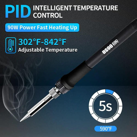 DS90 Dual Digital Soldering Station Kit With 90W Iron showing temperature range and fast heating to 590°F in 5 seconds.