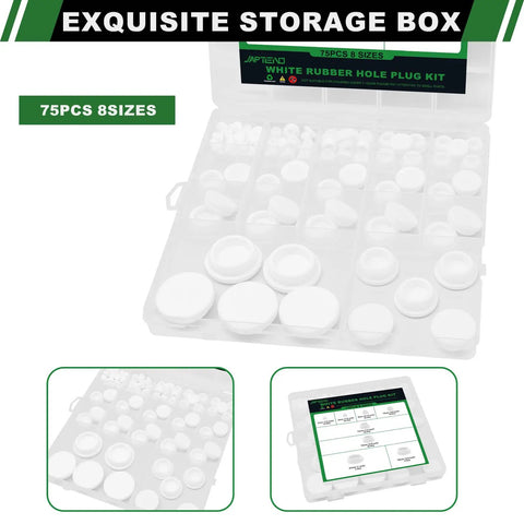 Japtend 75Pc Assortment Kit Features Eight Different Sizes Of White Silicone Rubber Plugs For Round Hole Gaps And Pipes in storage box