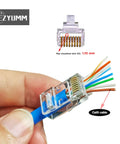 100 Pack Pass Through RJ45 Connectors For Cat6 Ethernet, 8P8C Gold Plated Ends, showing wire alignment with Cat6 cable