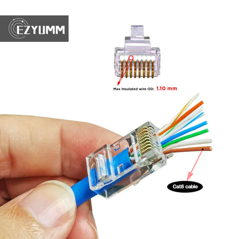 100 Pack Pass Through RJ45 Connectors For Cat6 Ethernet, 8P8C Gold Plated Ends, showing wire alignment with Cat6 cable