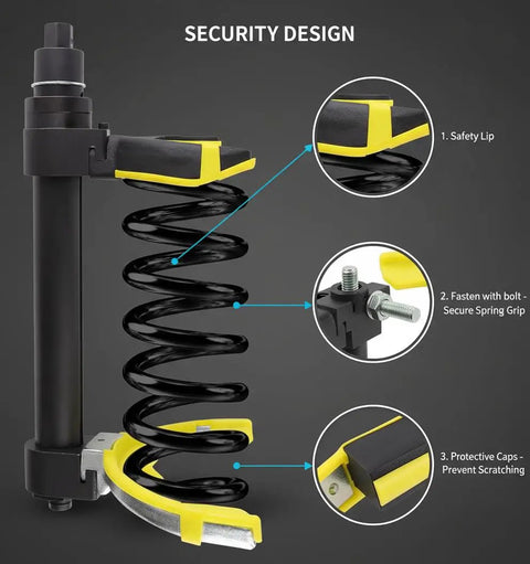 Heavy Duty MacPherson Strut Spring Compressor Tool Kit With Impact Wrench Compatibility showing safety design details