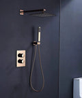 CUTPOIY Rose Gold Shower Set - 10 Inch Ultra-Thin High Pressure Head & Handheld Shower Luxury Rain Mixer Elegant Bathroom Shower System mounted on a dark wall.