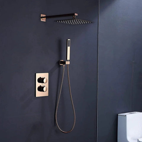 CUTPOIY Rose Gold Shower Set - 10 Inch Ultra-Thin High Pressure Head & Handheld Shower Luxury Rain Mixer Elegant Bathroom Shower System mounted on a dark wall.