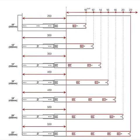 Diagram showing dimensions of heavy duty soft close drawer slides with full extension metal glides side mount for file cabinets.