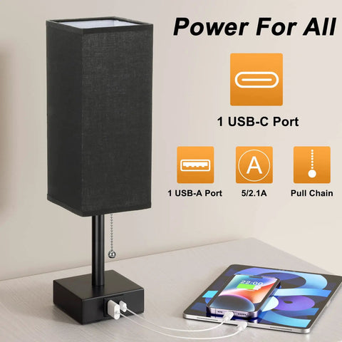 Black Bedside Table Lamp With USB C And USB A Ports, 3 Brightness Levels and 3 Color Temperatures, pull chain control, LED bulb