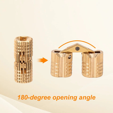 Eight Pack 8mm Hidden Brass Barrel Hinges With Drill Bit For Jewelry Boxes, Wooden Cabinets, And DIY Crafts, 180 Degree Concealed Hinges In Gold Finish, Includes Screws showing open and closed positions demonstrating 180-degree opening angle.
