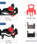Full Hydraulic 2 Piston Mountain Bike Disc Brakes Set includes brake calipers, protective plate, and original brake pad dimensions.