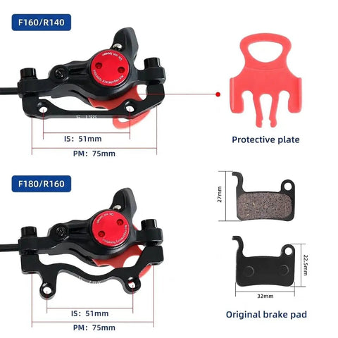 Full Hydraulic 2 Piston Mountain Bike Disc Brakes Set includes brake calipers, protective plate, and original brake pad dimensions.