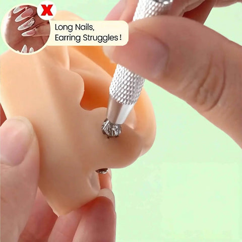 Close-up of Piercing Taper Ball Grabber Tool Kit being used on dummy ear for jewelry swap.