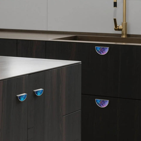 2 Pack Fluid Art Cabinet Pulls With Dope Blue Purple Gold Marble Pattern 3 Inch Center Hole Brushed Nickel Semicircle Drawer Handles