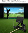 R10 Golf Launch Monitor Alignment And Leveling Stand For Indoor And Outdoor Practice shown in a golf simulator setup