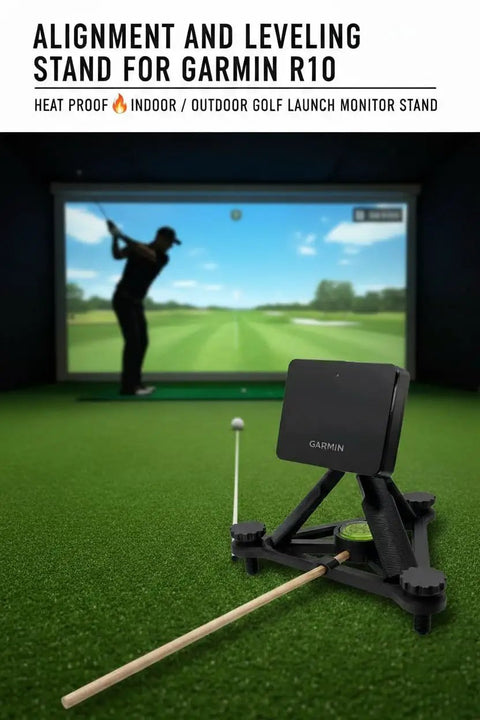 R10 Golf Launch Monitor Alignment And Leveling Stand For Indoor And Outdoor Practice shown in a golf simulator setup