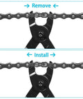 Bike Master Link Pliers For Bicycle Chains Missing Link Opener And Closer Two In One Tool shown removing and installing chain links.