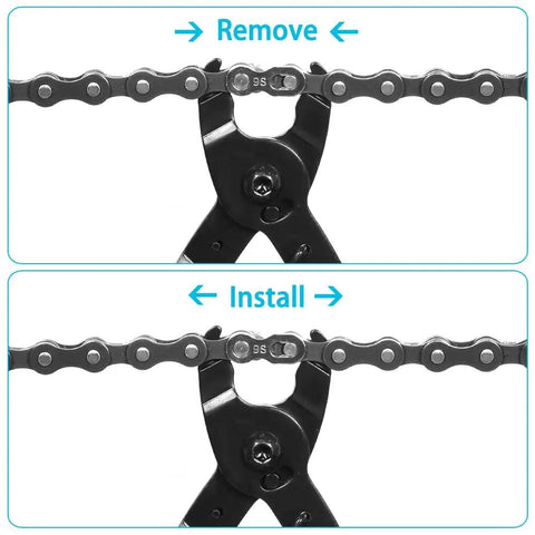 Bike Master Link Pliers For Bicycle Chains Missing Link Opener And Closer Two In One Tool shown removing and installing chain links.