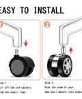 Installation steps for Premium 2.5 Inch Office Chair Casters Featuring Silent Gliding Polyurethane Tires with easy fit shown.