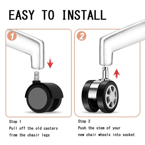 Installation steps for Premium 2.5 Inch Office Chair Casters Featuring Silent Gliding Polyurethane Tires with easy fit shown.