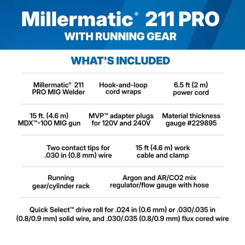 What's included with Millermatic 211 PRO MIG welder, featuring running gear, cylinder rack, and accessories list.